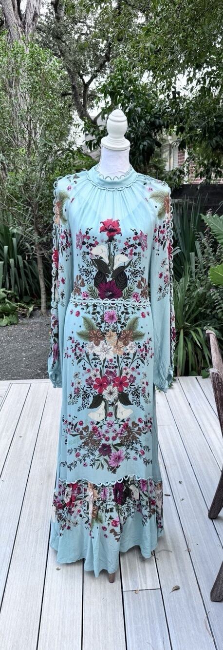 Farm Rio Beauty Bouquet Floral Maxi Dress Womens M Blue Long Sleeve Ruffle NWT